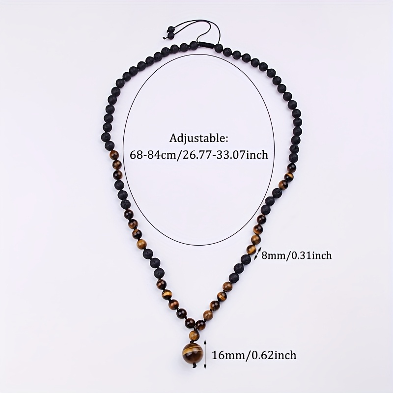 Chic 8mm Tiger Eye & Lava Stone Beaded Necklace with Pendant