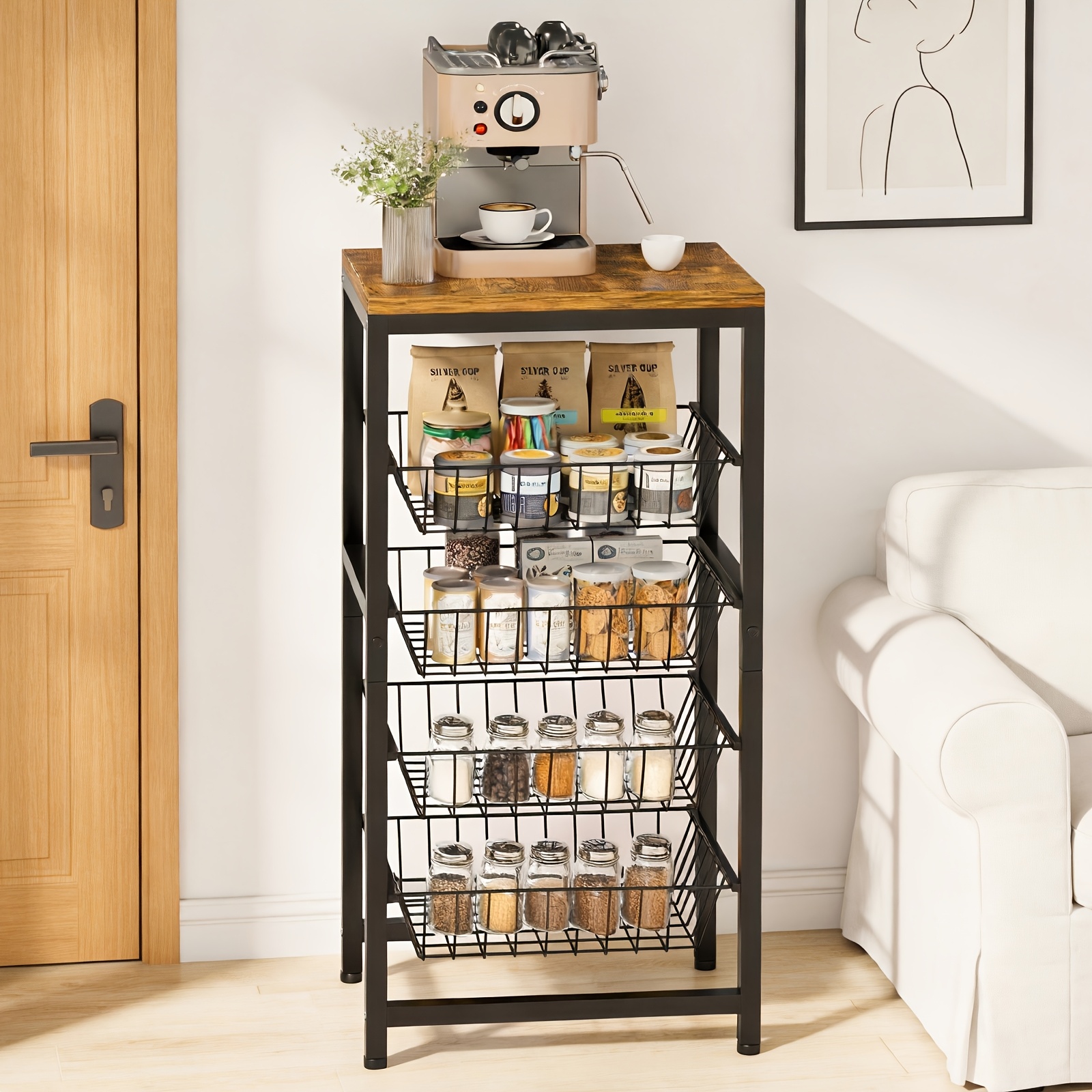 TEMU Multi-level Pull-out Storage Cart - Multifunctional, , With Hooks And Removable Baskets, For Home Organization, Detachable Metal Storage Rack,