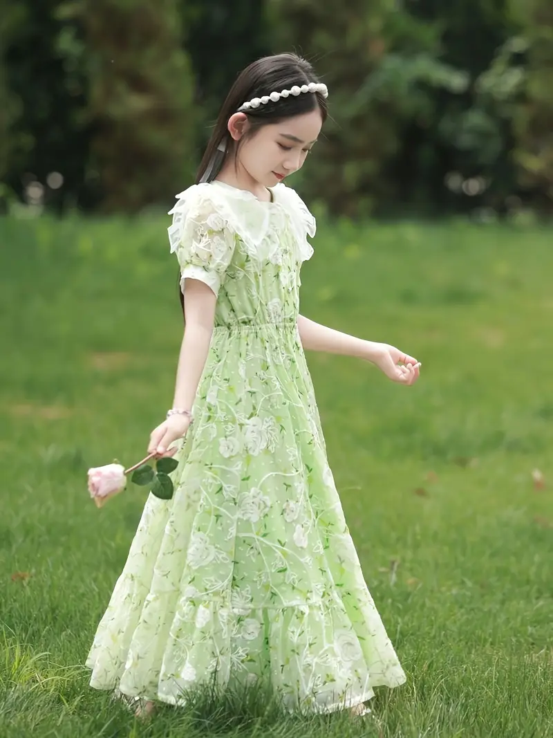 Long Beach Dress With Sleeves SHEIN Tween Girls Waist-Cinched Green Maxi Dress, Puff Sleeves Lace Long Beach Dress With Sleeves SHEIN Tween Girls Waist-Cinched Green Maxi Dress, Puff Sleeves Lace