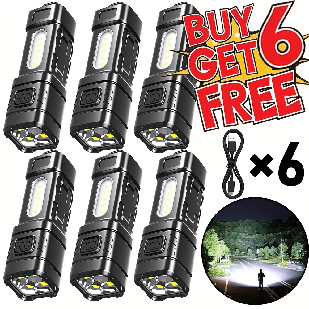 TEMU [buy 1 Get ] - A Total Of 6 Portable Handheld Flashlight, Flashlight Rechargeable Mini, Small Handheld Flashlight Built-in Battery Usb-c Charging, Cob, Back Clip, 4 , For Outdoor Camping Hiking