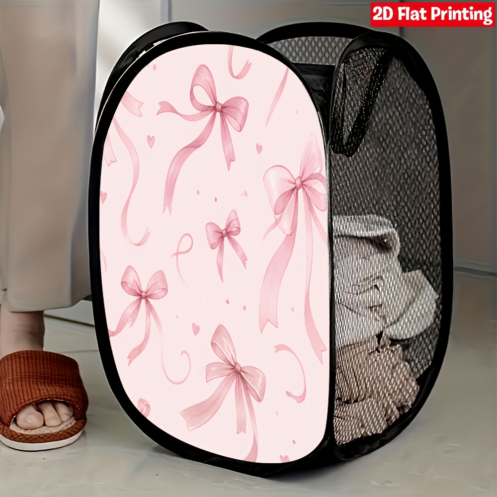 TEMU Panier à linge pop-up 1 pièce à motif nœud rose - Panier de rangement pliable léger en rétractable adapté pour chambre, salle de bain, voyage