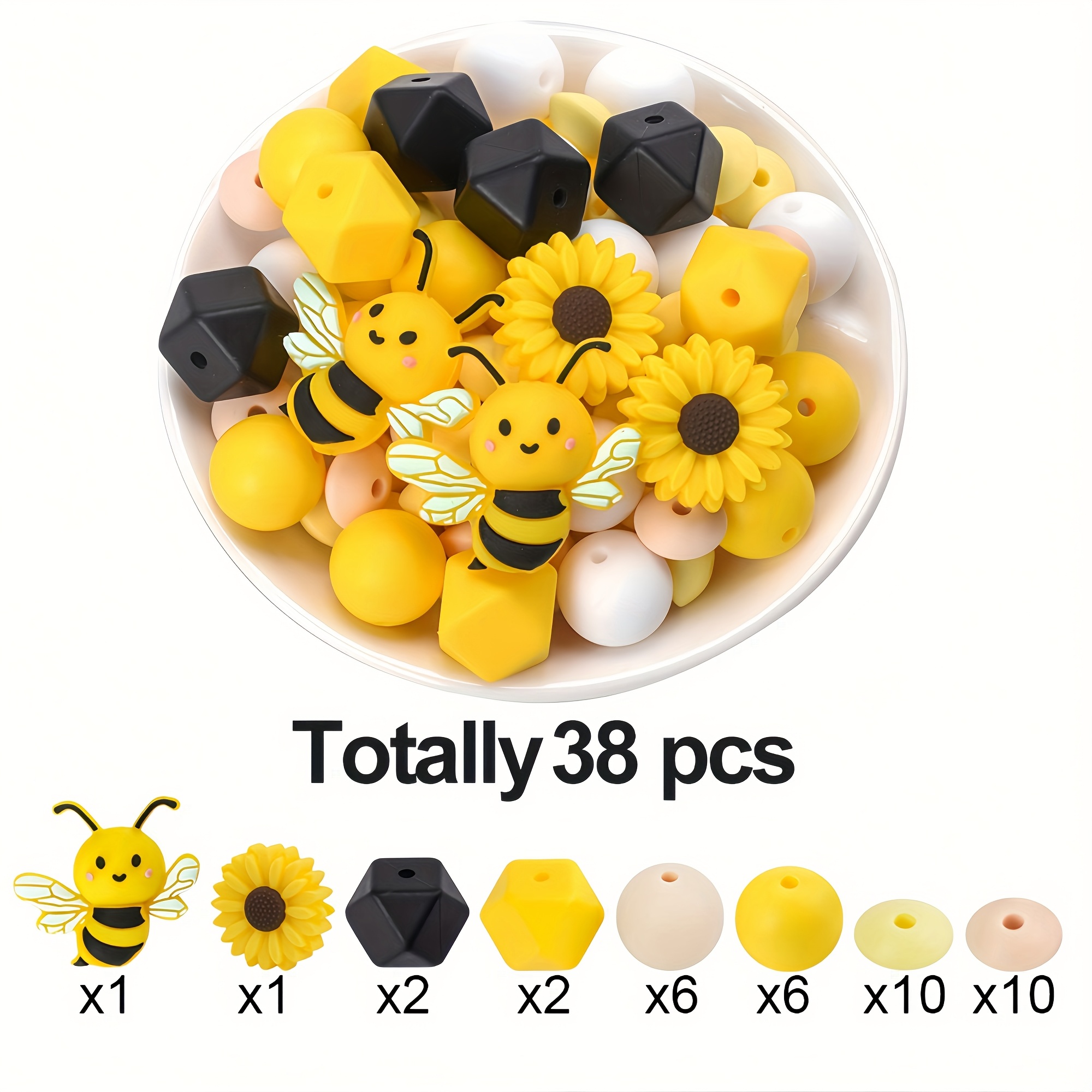 TEMU 38pcs Bee & Daisy Silicone Beads Set - Leaf/arch/bow Mixed, Making Craft Accessories With Spacer Beads For Pen, Keychain, Necklace & Women's
