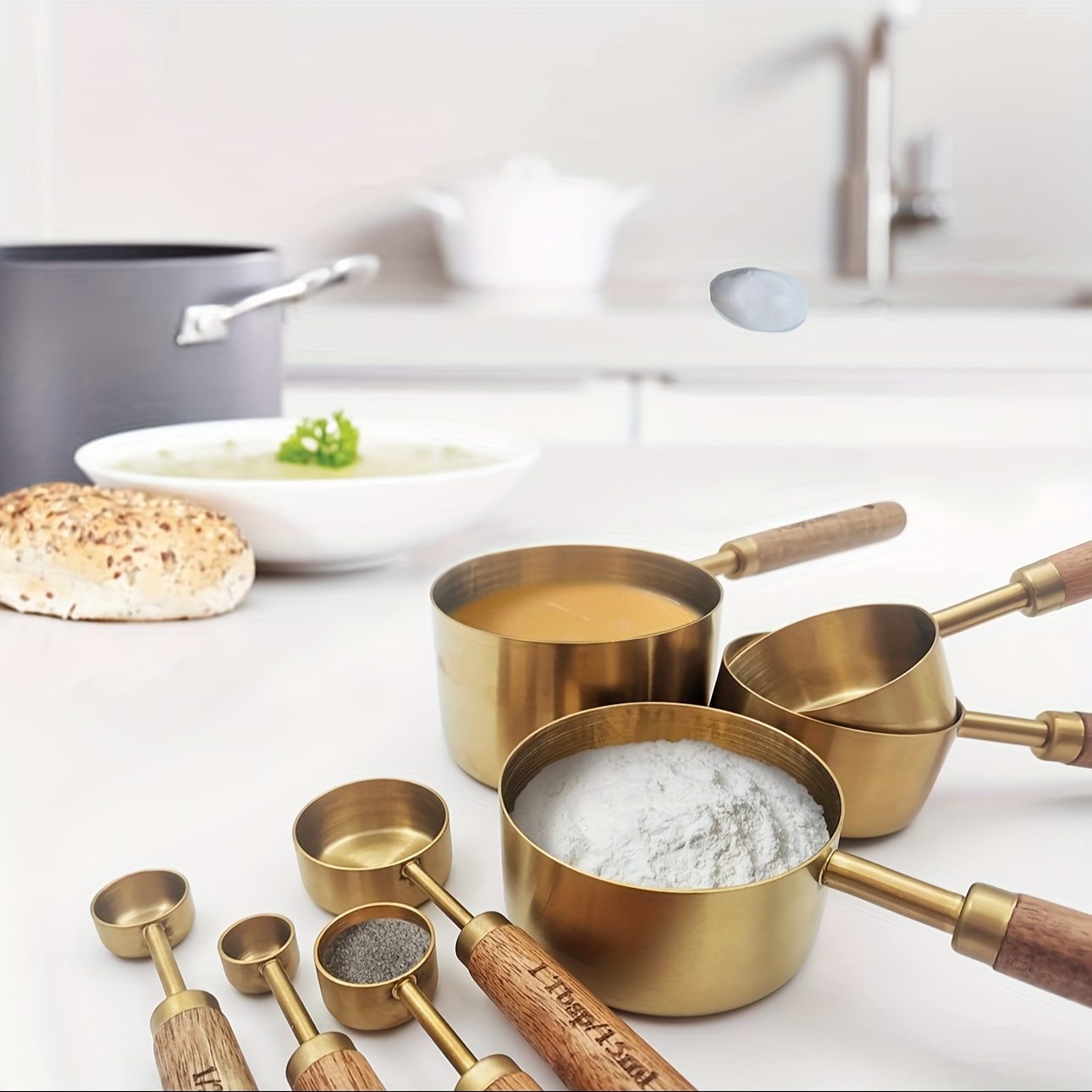 

Stainless Steel Golden Measuring Cup And Spoon Set Set Of 8 Pieces Golden Measuring Cup Bag Wooden Handle Baking Cooking Tools Calibration , Beautiful And .