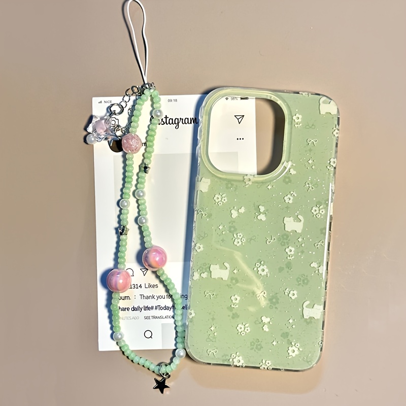TEMU Phone Case - Translucent White Light Ind Floral Cat Phone Case With Bead Chain, Compatible With Iphone 11, 12, 13, 14, 15, 16 Pro Max