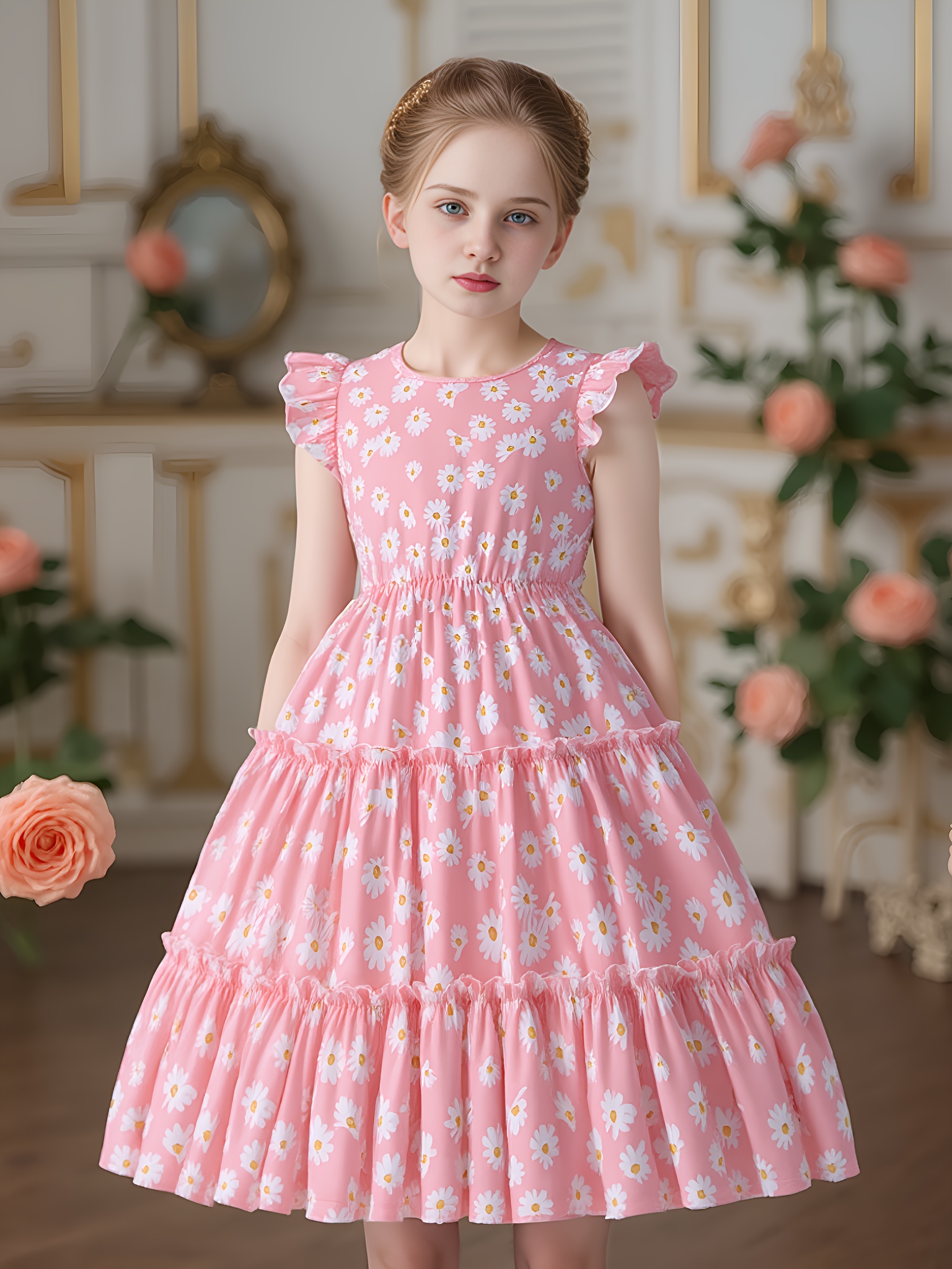 knee length dresses for ladies Girls' Floral Ruffle Long Sleeve Dress Red / S Red *girl's Dresses Midi Dresses Hayden Los Angeles main image 0