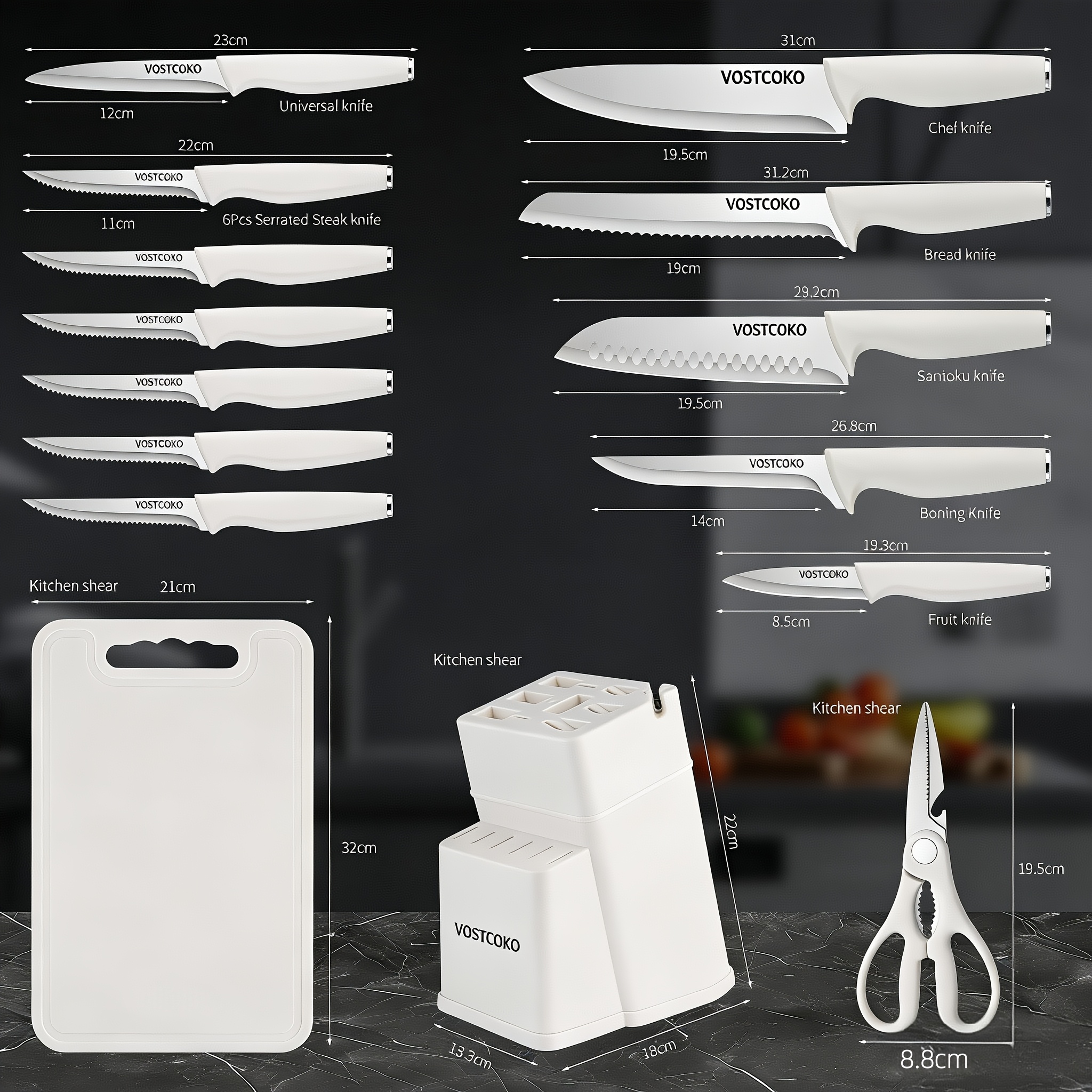 15pcs Professional Black Kitchen Knife Set, Including A Cutting Board, Chef's Knife with Non-slip ABS Handle, Plastic Cutting Board And Kitchen Scissors. Ideal for Home And Restaurant Use. A Perfect Gift for Thanksgiving, Christmas And New Year