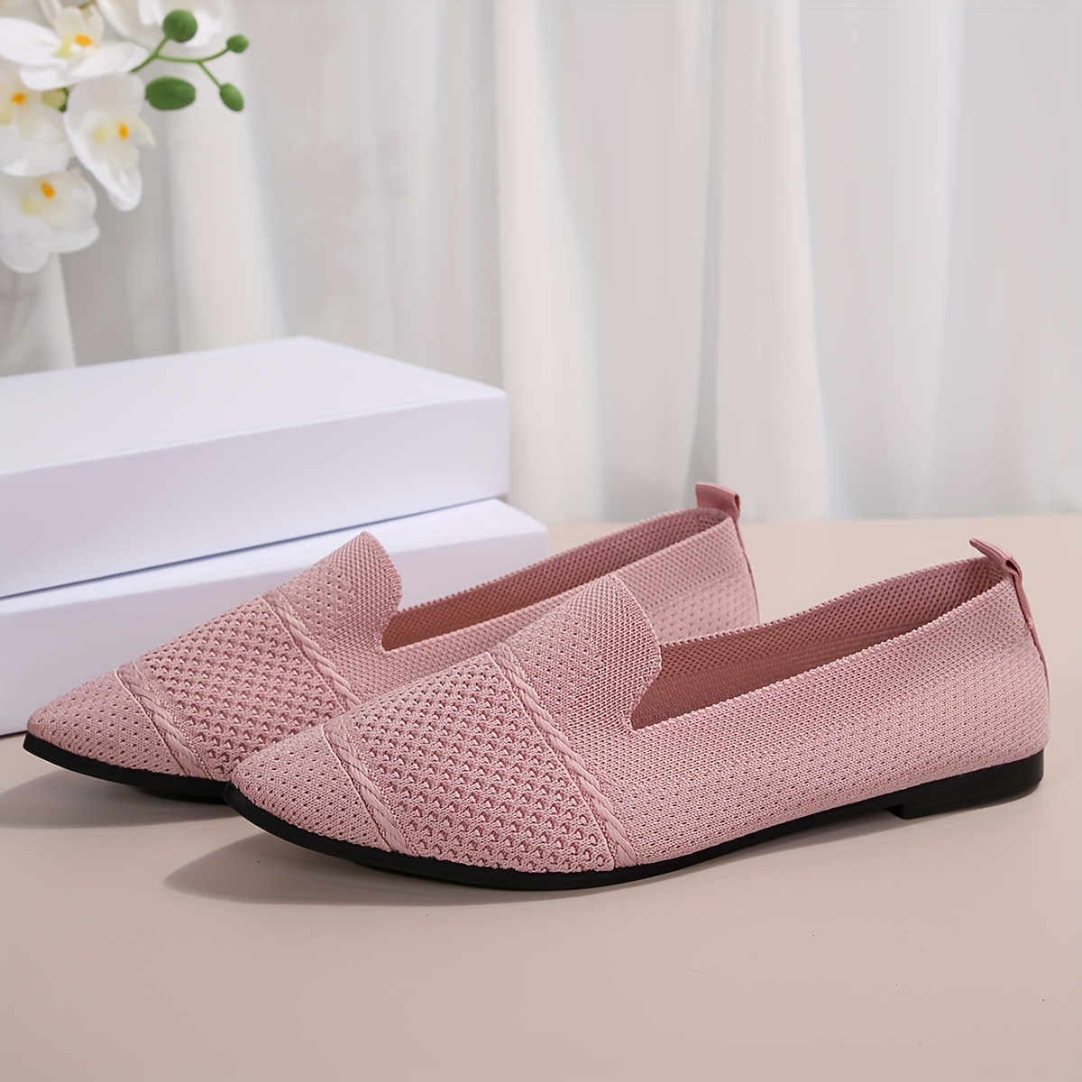 Elegant Ballet Flat Shoes For Women, Slip-On Breathable Soft Sole Daily Knitted Ballets, Point Toe Daily Wear