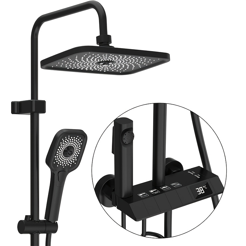 Image of Shower System, Shower Column Set 3-in-1 With Rain Shower, Shower System 360° Adjustable Rain Shower Head, Hand Shower, Anti-limescale Nozzles Shower Head, Matte Black