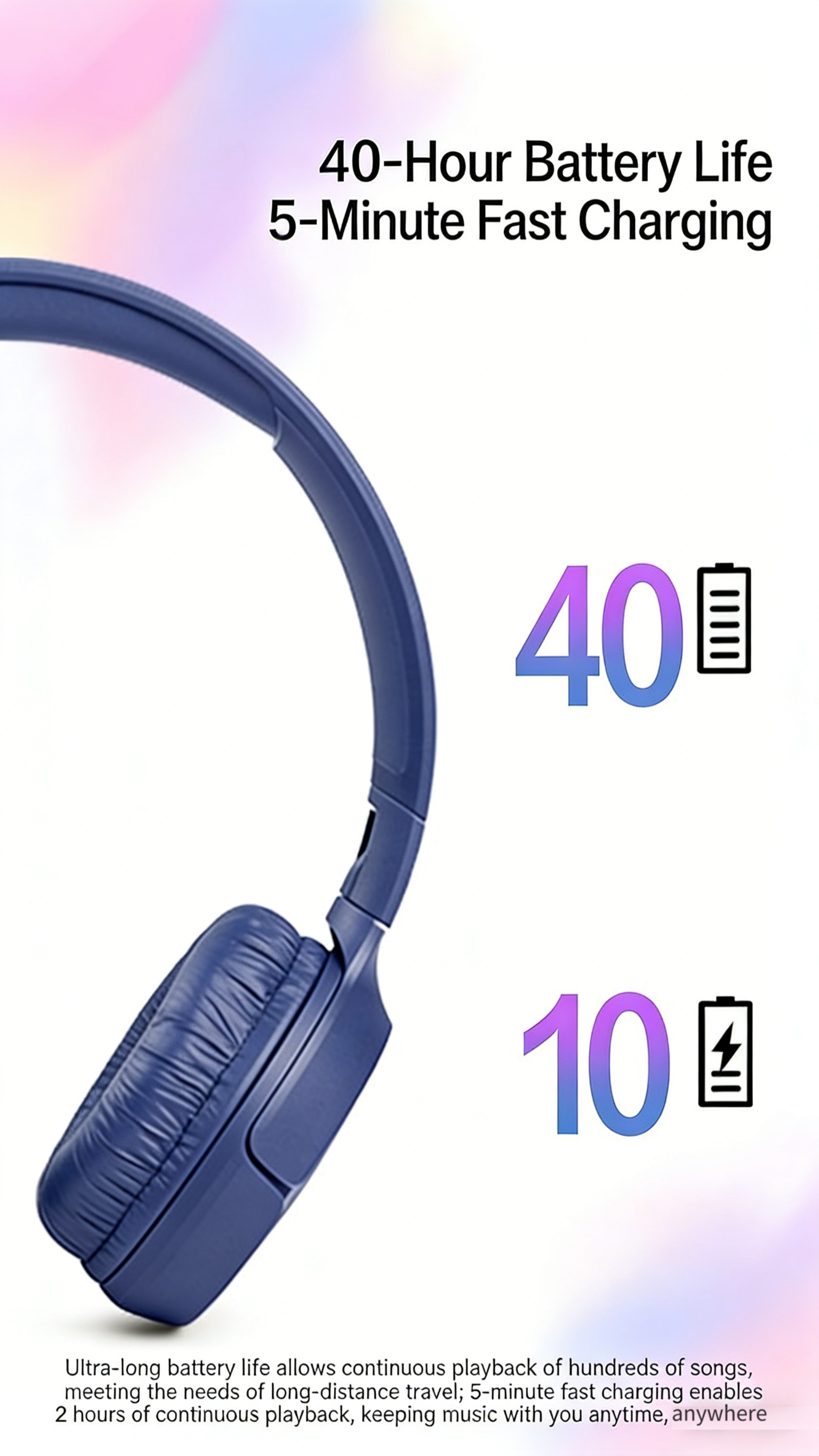 Auriculares Inalámbricos Over-Ear JBL Tune 510BT | Auténticos, Batería de Larga Duración de 40H, Carga Rápida de 5 Minutos, Plegables y Portátiles, Bajos Puros, 75 Años de Herencia Acústica JBL, Aislamiento de Sonido, Inalámbricos, Batería de Polímero de Litio