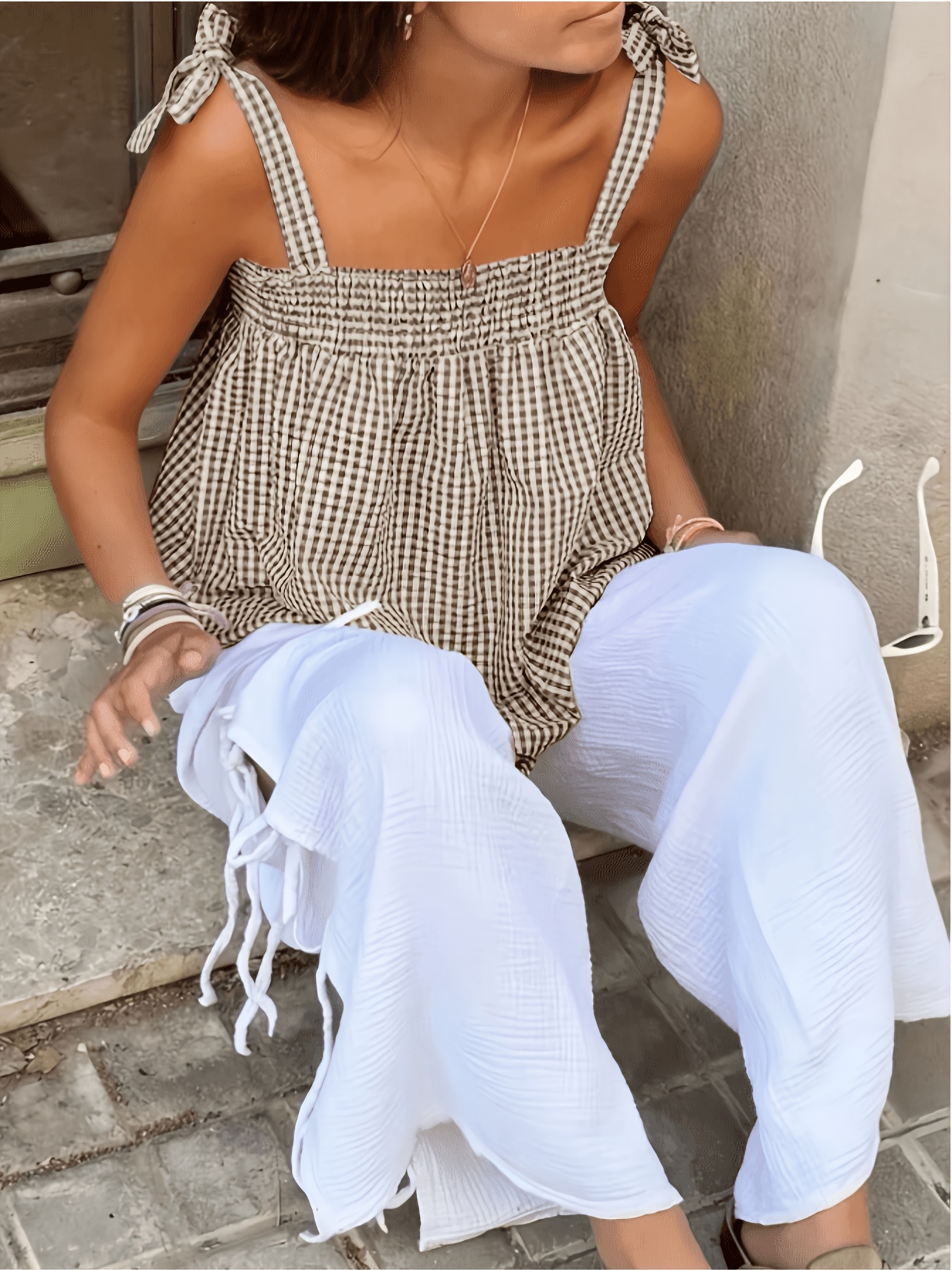 solid color plaid short sleeved top with a picnic style a versatile casual camisole suitable for summer   and beach vacations  