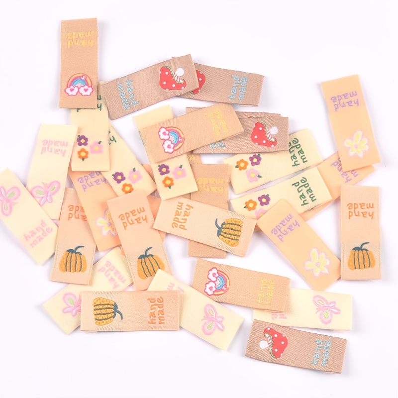 

50pcs Cute Handmade Embroidered Fabric Labels - Assorted Mushroom, Banana, Flower, Rainbow & Designs For Diy Sewing, Clothing, Bags & Hats