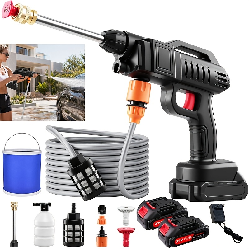 Image of Cordless Pressure Washer, 21v Portable Pressure Washer With 2x Battery & 2 Nozzles & 5 Spray & Blue Bucket, 10m/32.8ft Hose Pressure Cleaner For Car/floor/garden Cleaning & Watering Patio