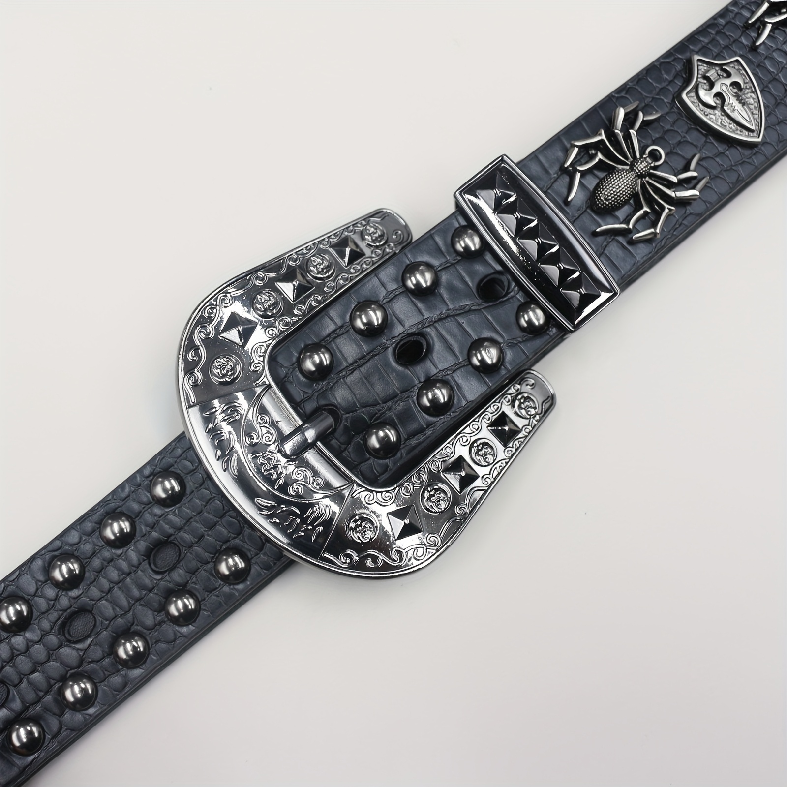 3D Spider Rivet Men Belt, Punk Style Crocodile Pattern