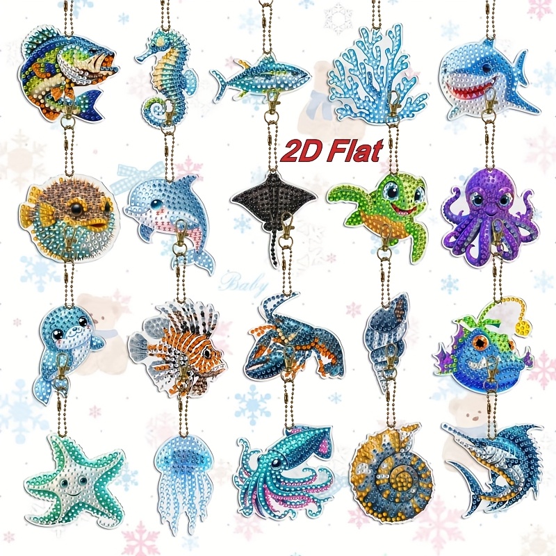 Image of 20pcs Set, 2d/flat Diy Decorations For Marine Animals And Plants, Double-sided Diamond Painted Keychains, Commemorative Gifts, Suitable For Beginners Who As Holiday And Event Gifts, Art Pieces