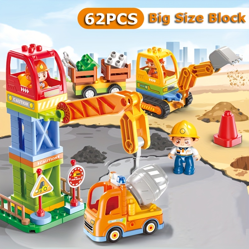 62pcs Large Particle Building Blocks - Big Size Engineering Vehicles Block Toys, Educational Assembly Set With Excavator, Bulldozer, Crane