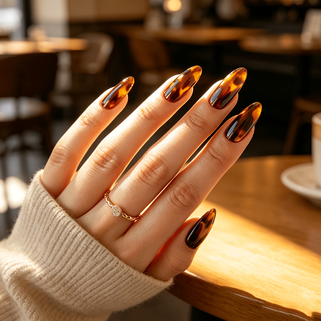 TEMU Braune, glänzende, mittellange quadratische, 24 Stück, künstliche Nägel, Press-On Nagelsticker, Gothic Nägel, Maniküre, Nagelset, Damen Nägel,