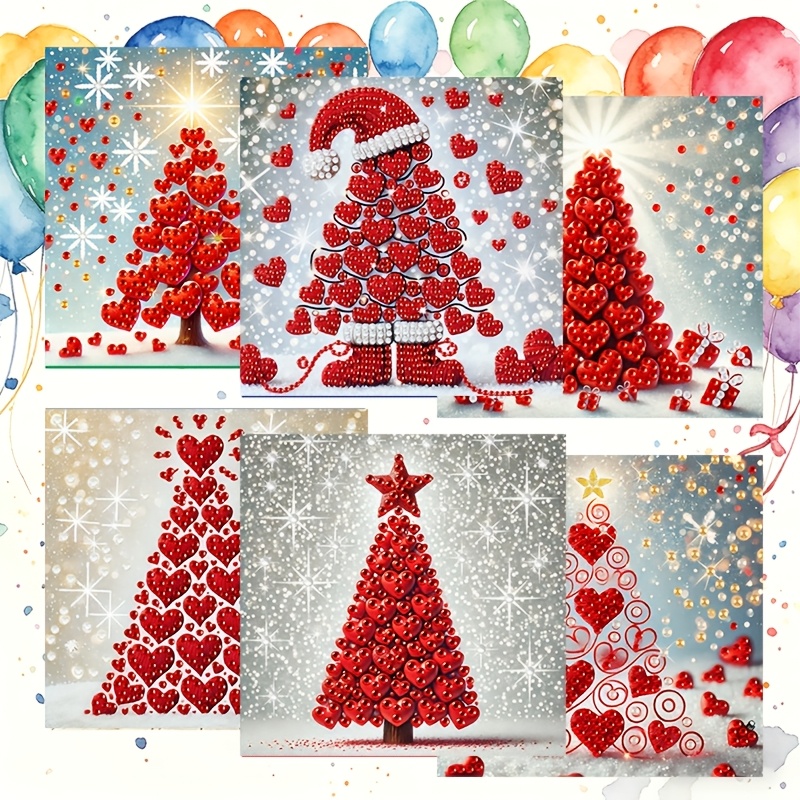 TEMU 6pcs Set Of Unique New Diamond Painting Greeting Cards, Red Heart Christmas Cards, Birthday Holiday Greeting Cards, Adult Handmade Craft Party