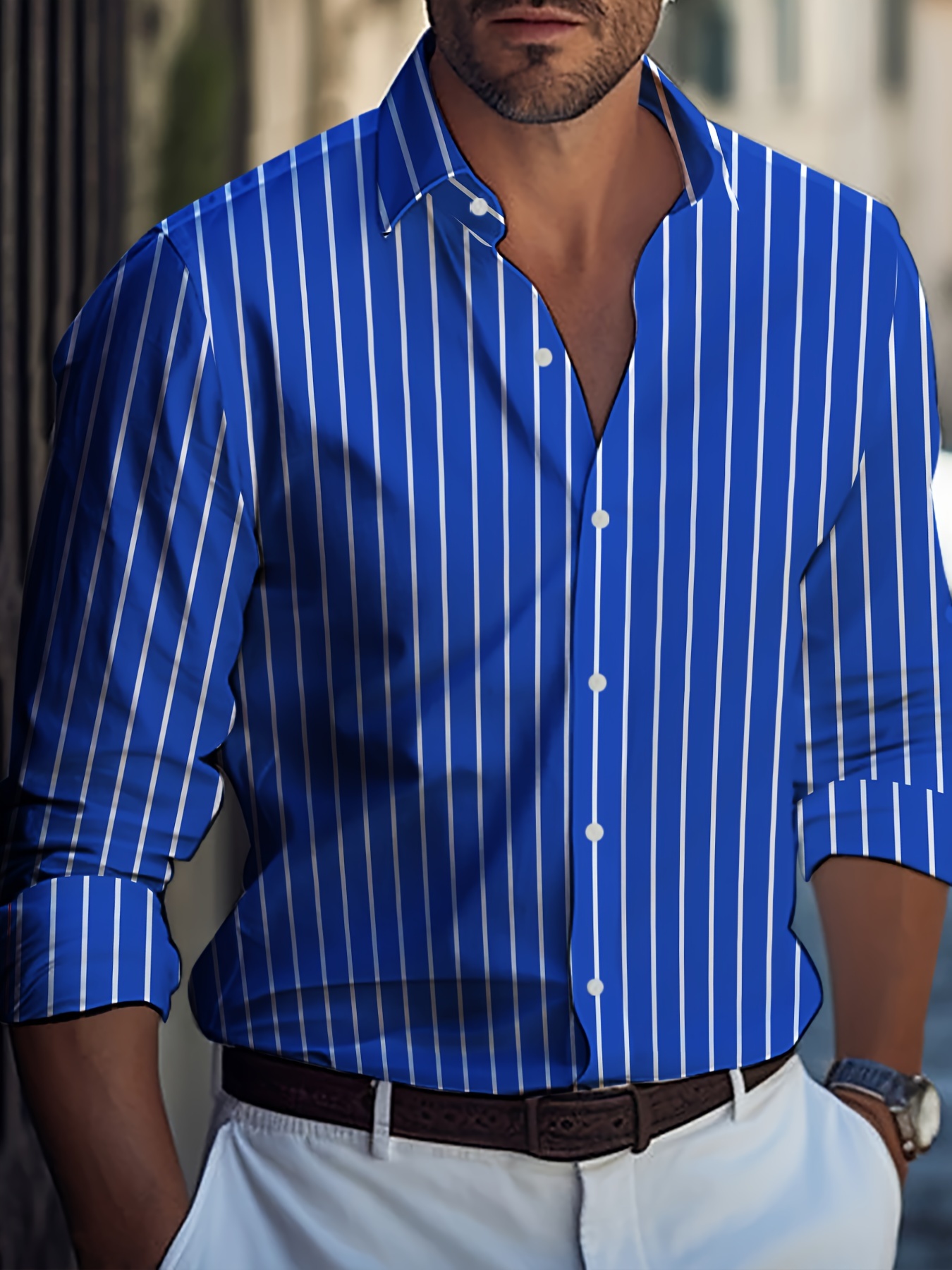 Plus Size Men's Casual Shirt With Striped Print, Long Sleeve Shirt For Various Occasions