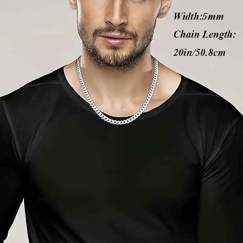 

1pc Men' 925 Silvery Plated Choker, 5mm Width Flat Side Chain, 20inch Copper Simple Choker Jewelry, No Pendant