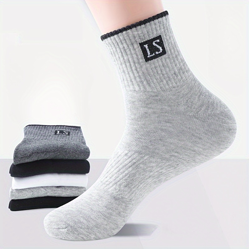 

5 Pairs Men's Crew Socks - Alphabet Pattern, Knit Polyester & Spandex , Breathable & Soft, Sports & Casual Long Socks, Machine Washable