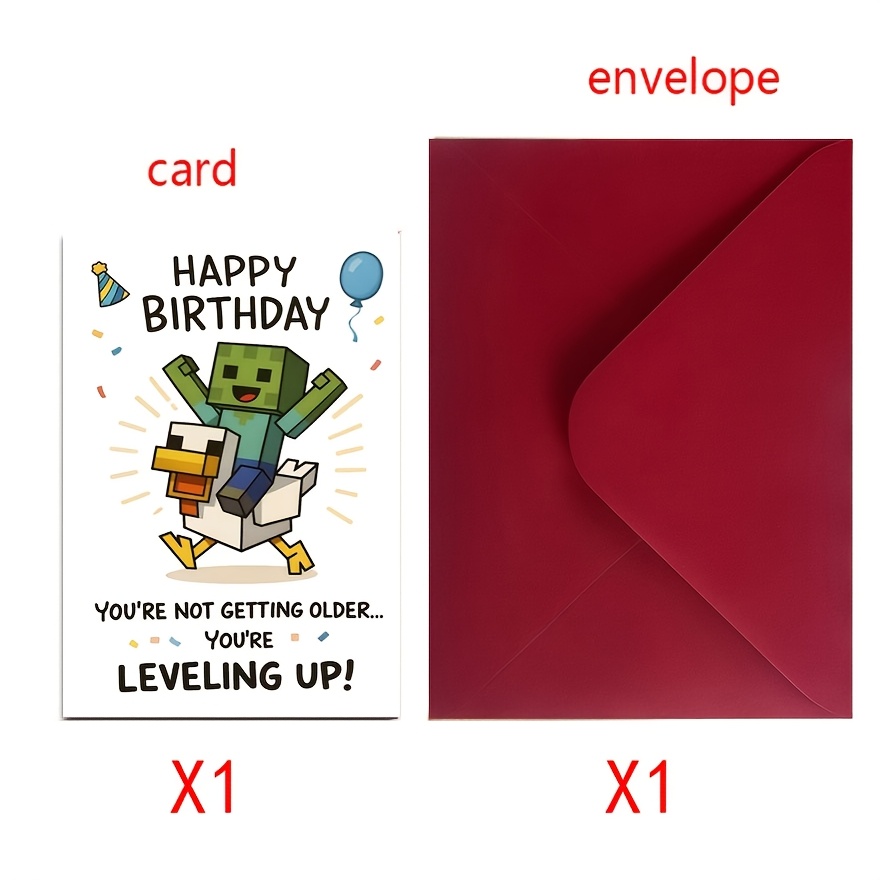 TEMU 1pc Of Fun Gaming Birthday Card, "you're Not Getting Older, You're !" Pixel Zombie And Chick Themed Greeting Card With Envelope