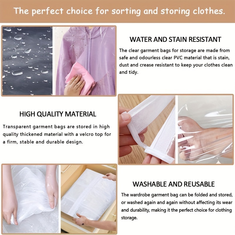 waterproof garment cover clear hanging clothes protector bag reusable pvc wardrobe dust cover with   design undercounter mounting for bedroom storage stain resistant and washable details 2