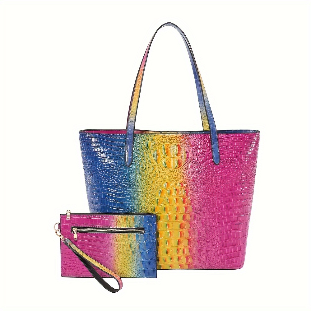 

Crocodile Pattern Glossy Tote Bag With Clutch Purse, Colorblock Gradient Shoulder Bag, Luxury Handbag For Women