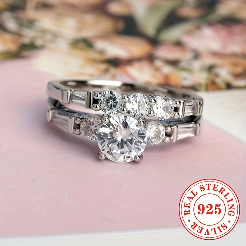 TEMU 2pcs Bague de fiançailles et bague de mariage en argent sterling 925, synthétique 5A, cadeau de bijoux, ensemble de demande en mariage pour