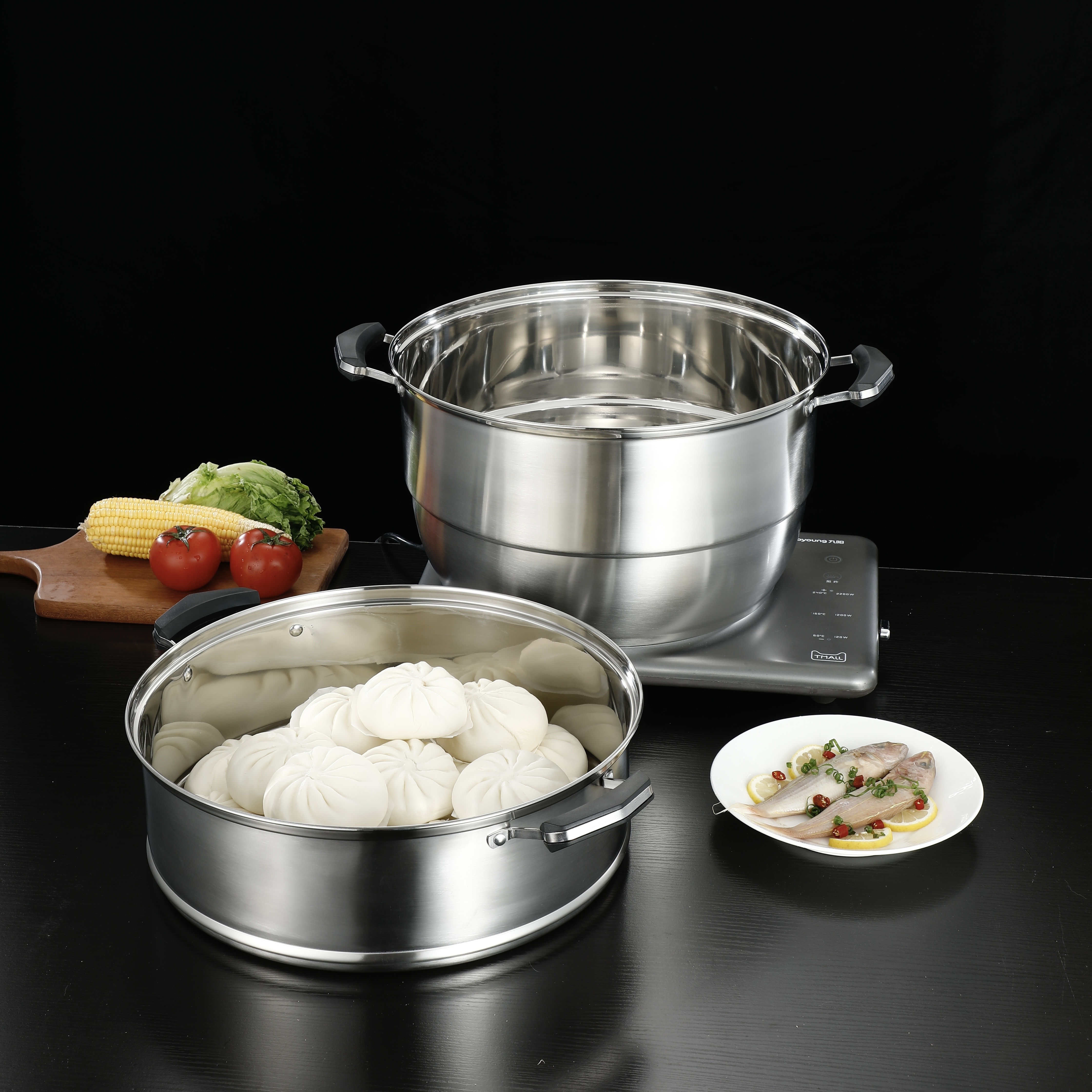 stainless steel multi layer steamer set with lid large capacity   steamer inserts compatible with all stovetops high   cooking steaming essentials details 3