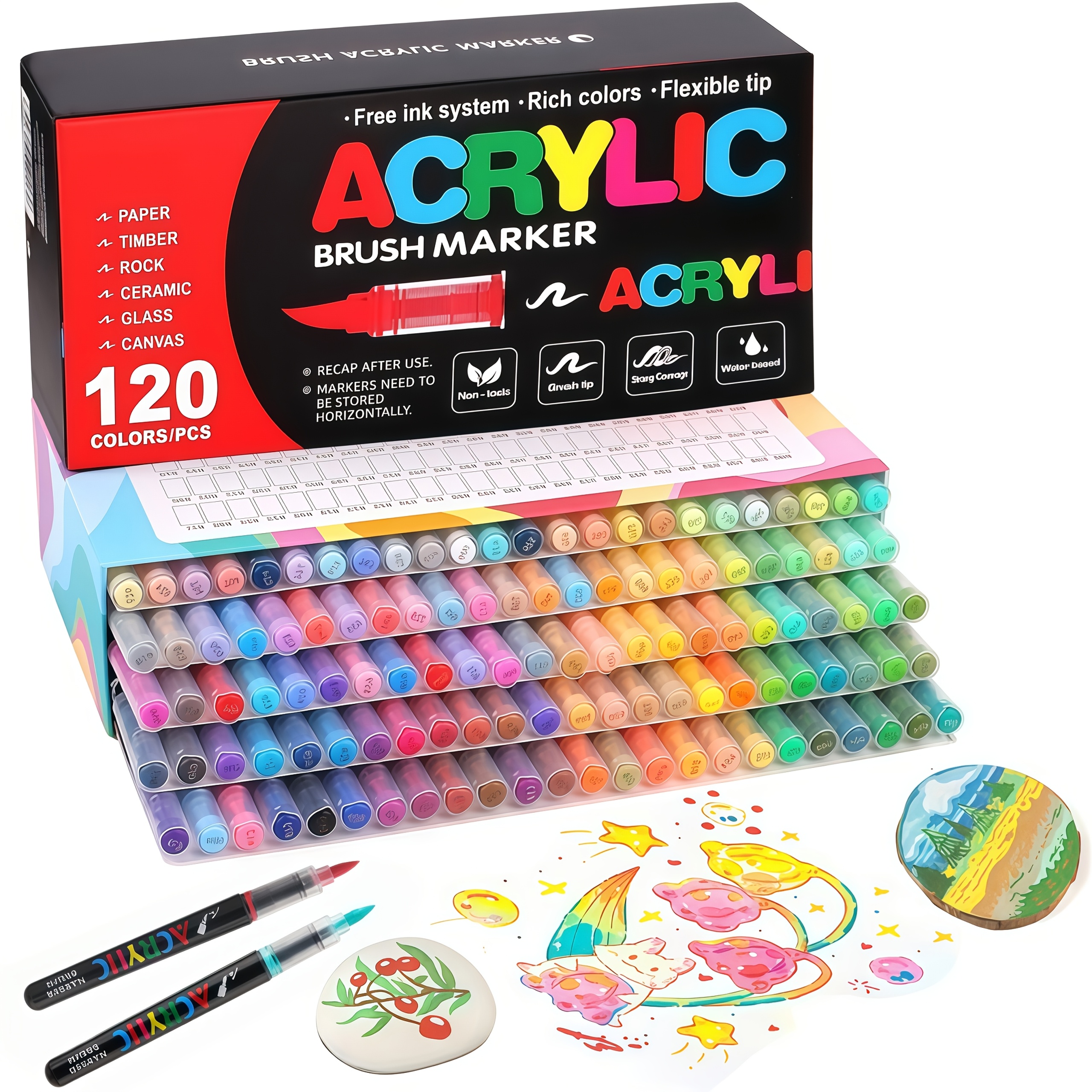 TEMU 12/36/60/80/120/168pcs Acrylic Paint Markers, Brush Tip Acrylic Paint Pens, Quick-drying Waterproof Ink, For Rock Painting Canvas Glass Ceramic