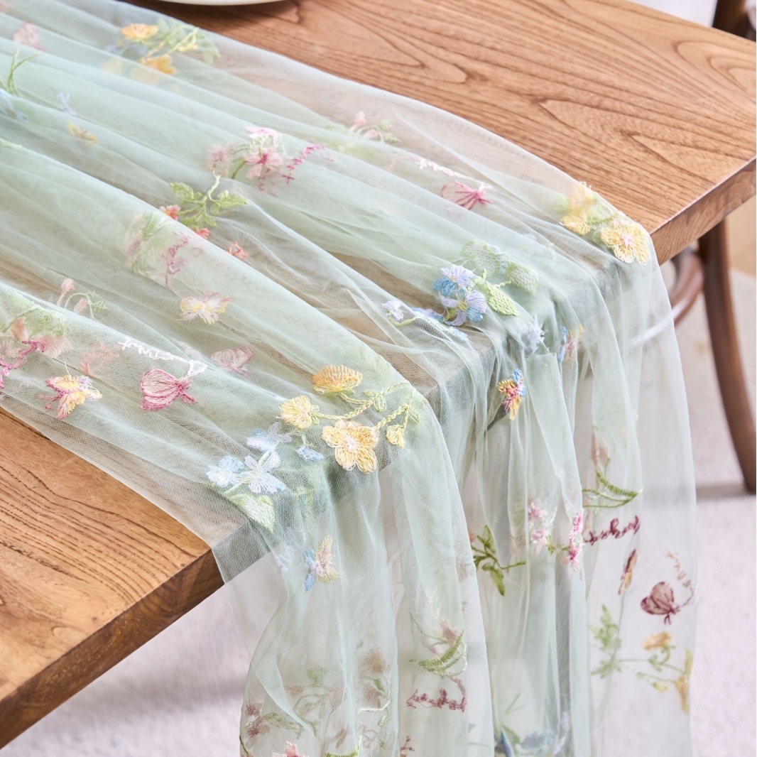 TEMU Retro Gekleurde Geborduurde Bloem Kant Tafelkleed 70 X 180/300 Cm, Mesh Tule Tafelkleed, Bruiloft Tafelkleed, Chique Feest Tafelstuk Decoratie,