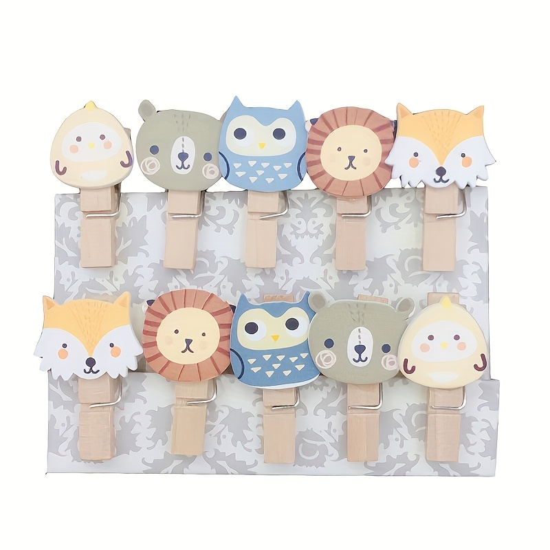 E-shop 10 Stück Cartoon Animal Holzclips - Niedliche Eulen, Füchse & Bären - für Fotos & Bastelarbeiten - Ideal für den täglichen Gebrauch &