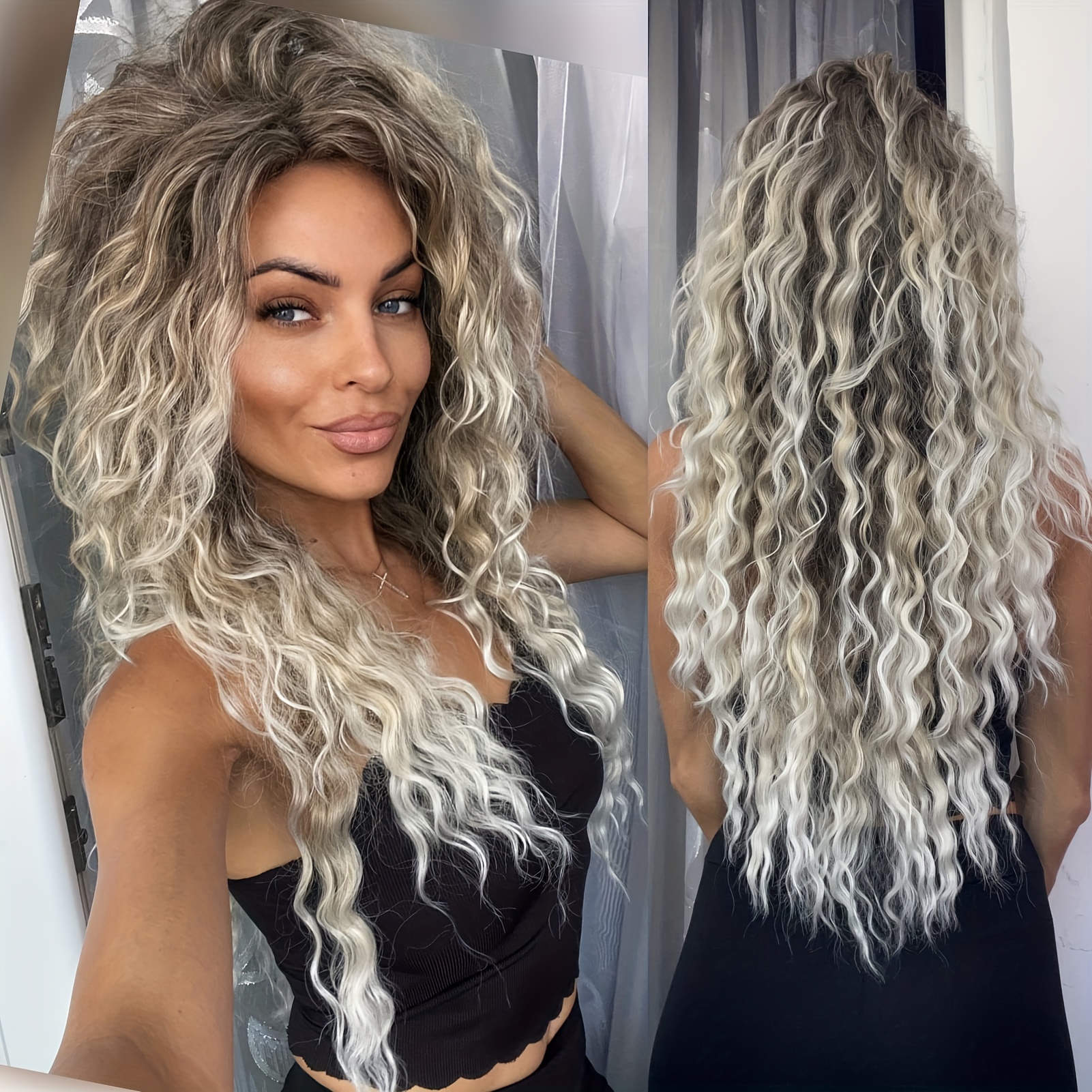 Ombre Ash Blonde Curly Wig Long Wavy Middle Part Looking Dark Synthetic Wigs For Women 80s Halloween Carnival Party Beginner Friendly Female Hair Wig Costume Party Or Daily Use 28 Inches