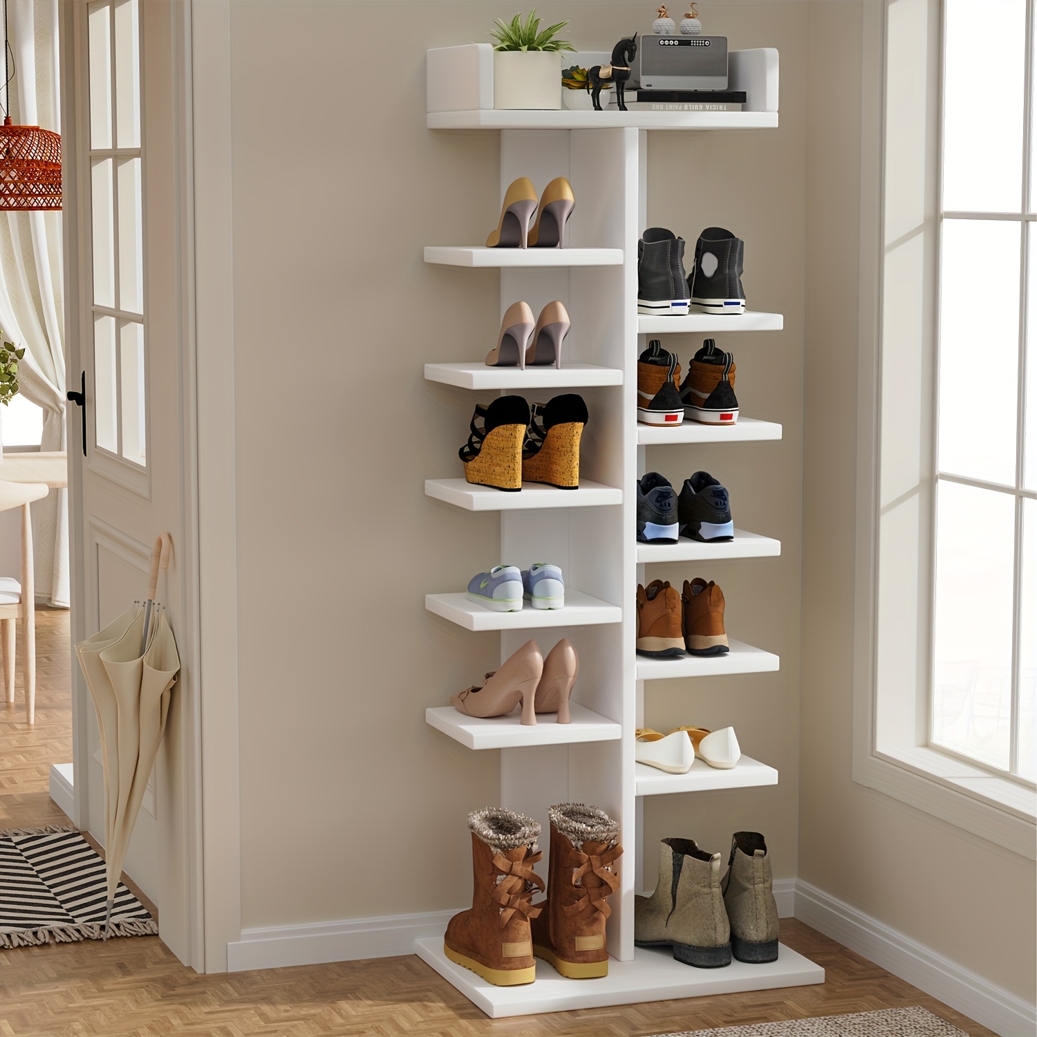 TEMU Étagère à chaussures étroite à 7 niveaux, à chaussures d'angle, Organisateur de chaussures fin, Support de rangement à chaussures en bois pour