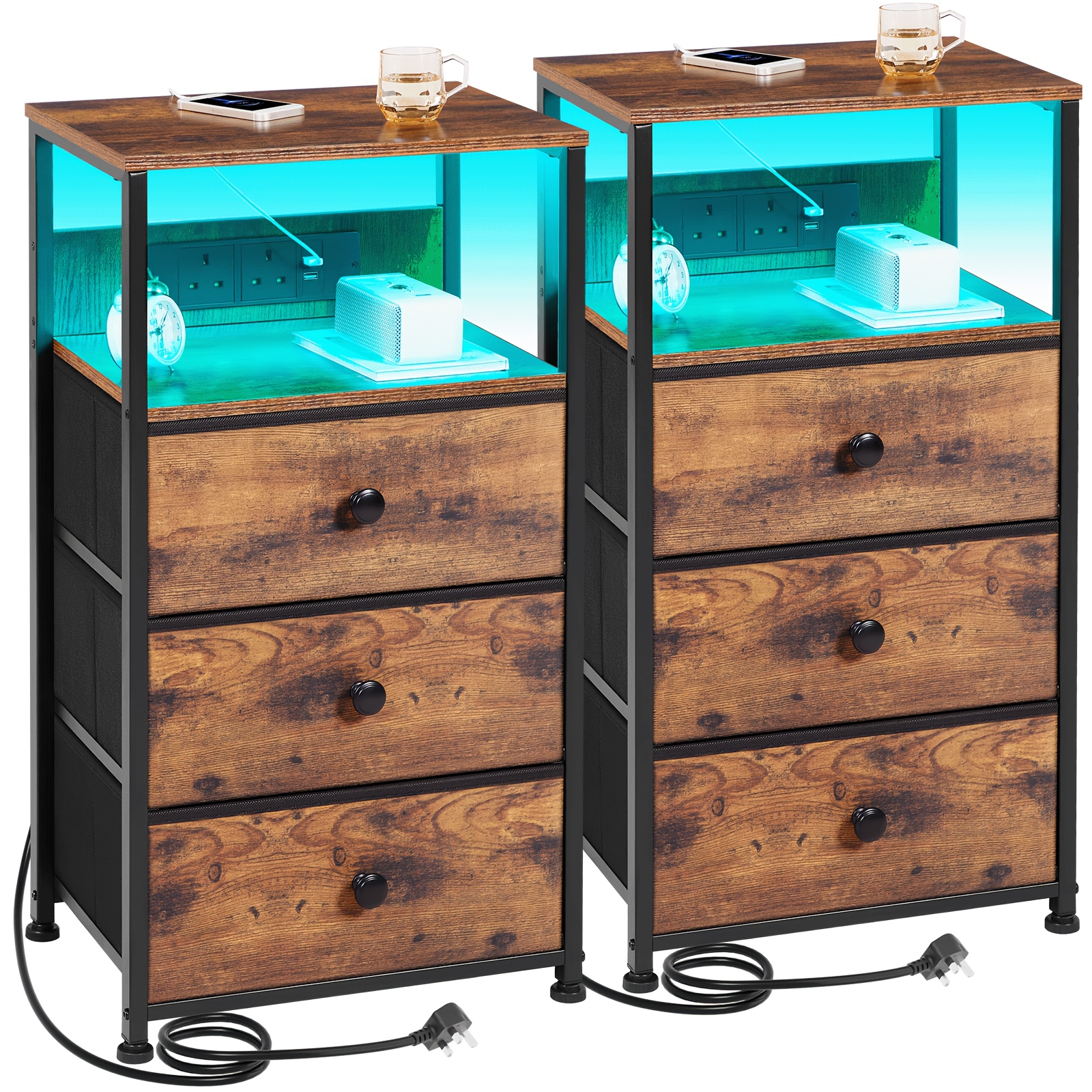 TEMU Amhancible 2pcs Bedside Table With Charging Station, Side Table With Led Light, Small Nightstand With 3 Fabric Drawers And Open Storage Shelf,