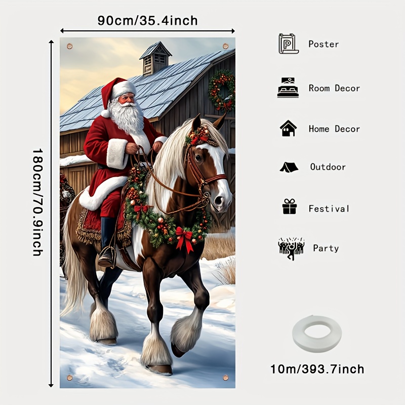 TEMU 2d Flat, 2d Door Banner, 1pc Santa Riding Horse In Snow Christmas Banner - Durable Polyester Indoor/outdoor Holiday Door Decoration With Santa &