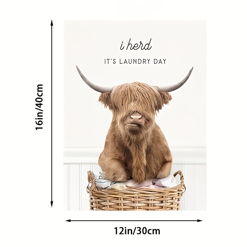 TEMU 2d Flat Printing 1pc Highland Cow "laundry Day" Canvas Art Print - Minimalist Wall Decor, Frameless Canvas Painting For Home Office, Bathroom,