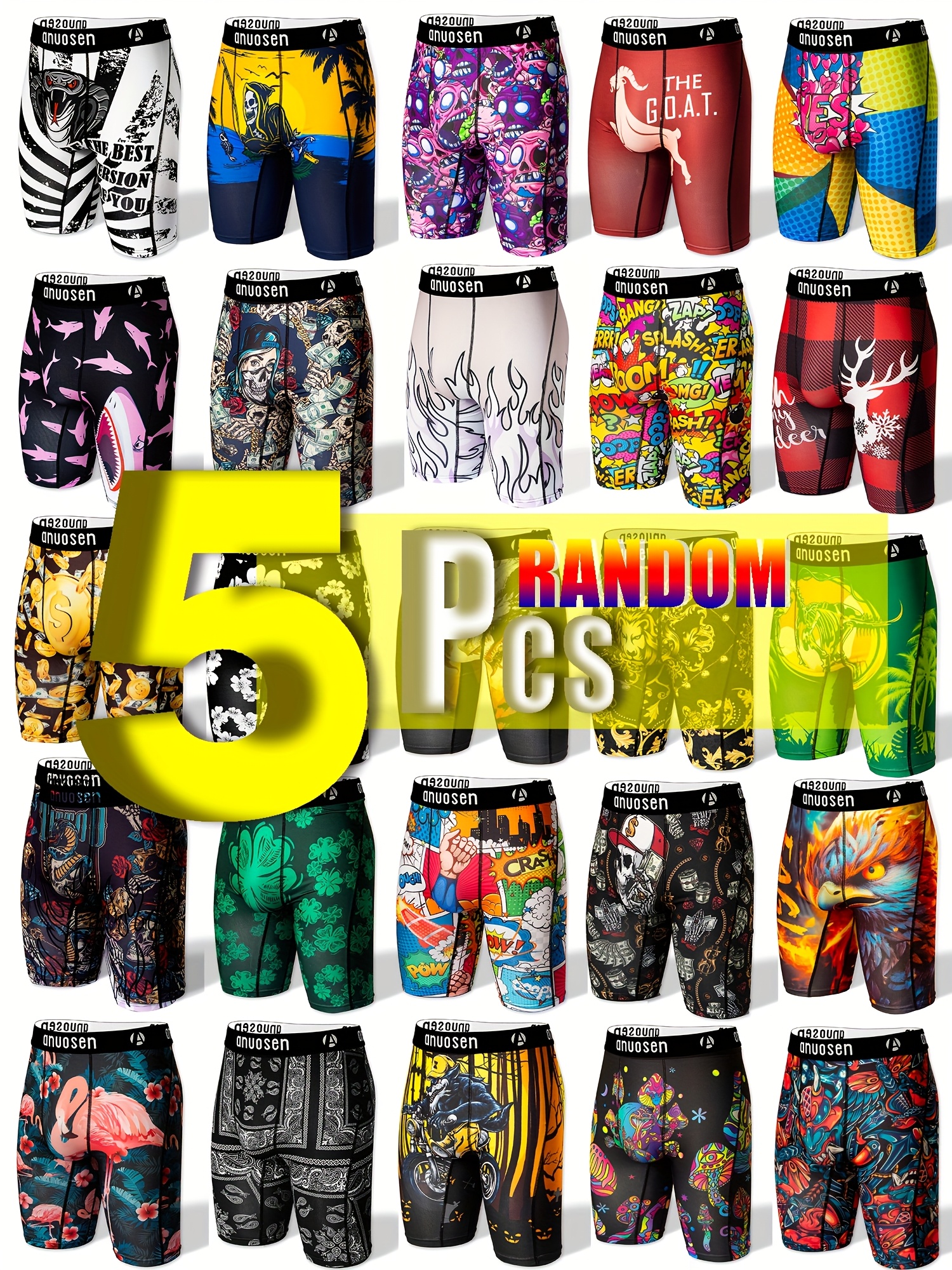 5pcs Random Set of Men'S Long Sports Underwear for Valentine'S Day Gift for Boyfriend, Includes 5 Random Pieces of Men'S Long Sports Underwear with Prints Like Skulls, Sharks, Beach Beauties, Elastic Underwear, Polyester, Extended Length, Anti-Chafing, Quick-Dry Men'S Boxer Shorts, Breathable, Stretchy, Comfortable, Unique Casual Running Underwear, Boxing Shorts.