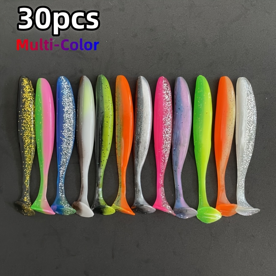 E-shop 30 Stück 12cm Große T-Tail Weiche Kunststoff-Köder - Mehrfarbige Glitzerköder mit Realistischer Schwimmbewegung, Langlebige Weiche Plastikköder