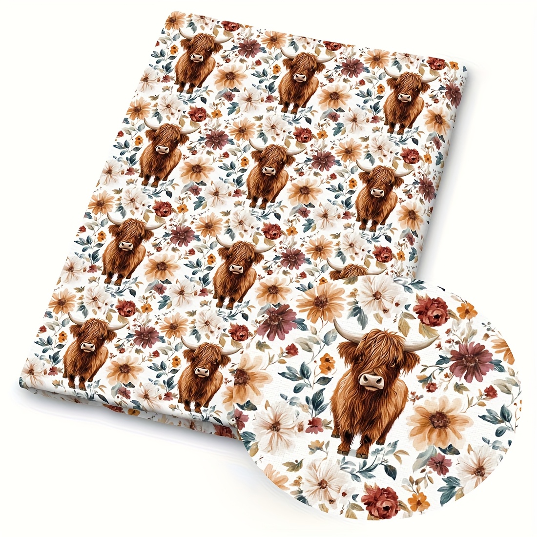 TEMU Tissu 1 pièce à imprimé vache Highland florale - 59 x 19,68 pouces (150 x 50 cm) - Tissu en polyester prédécoupé - Convient pour la couture DIY,