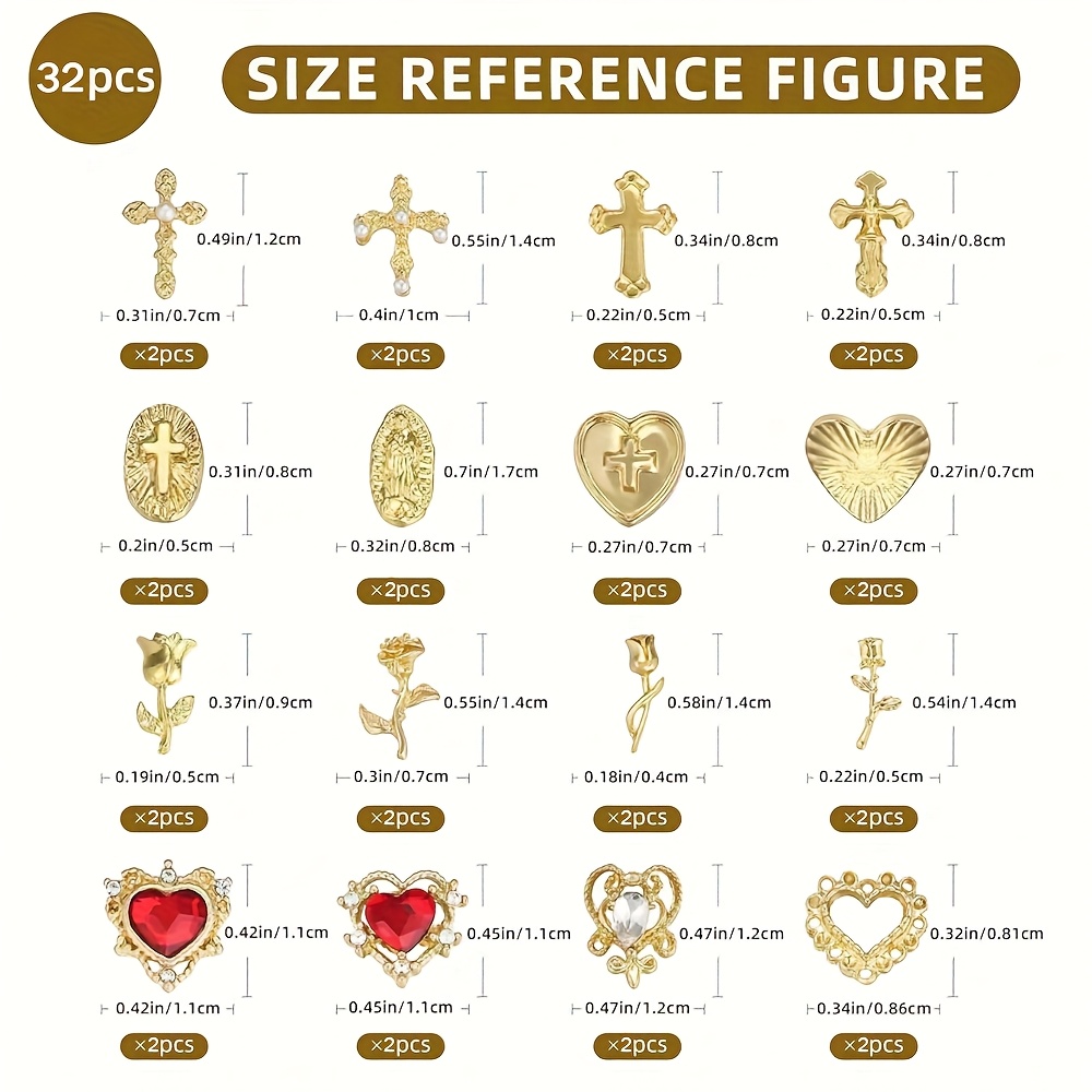 32pcs Y2k 3d Chrome Nail Charms Set - Golden Rose, Heart, Cross And Religious Patterns, With Nail Studs, As Elegant Nail Decoration, Nail Additions