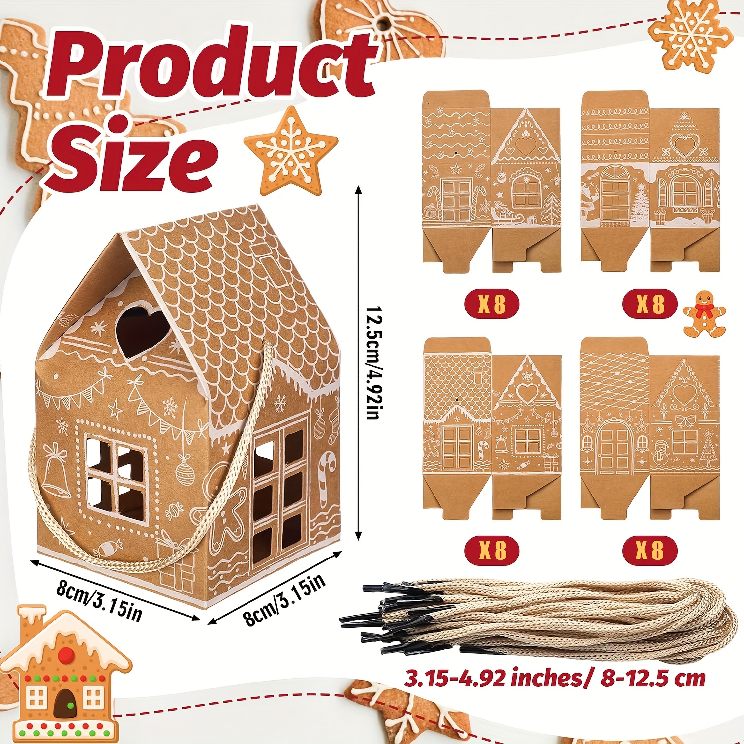 TEMU Gift For Her/him 16/32pcs Of Christmas Paper Boxes, Gift Boxes Shaped Like Houses, Featuring Patterns Of Gingerbread Men, Christmas Trees,