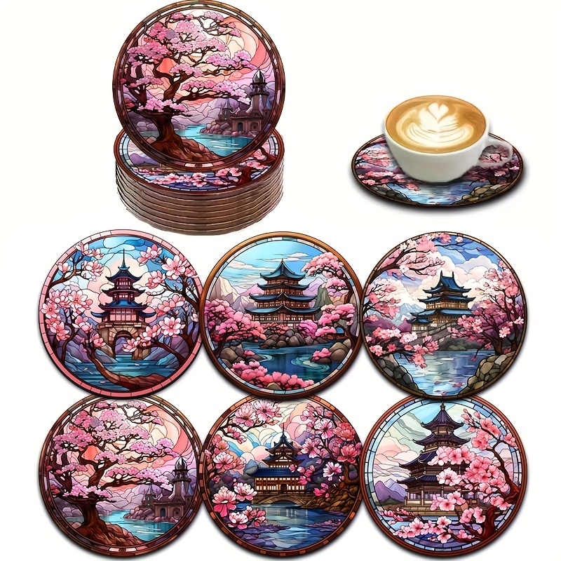 

6pcs Japanese Cherry & Scenic House Wooden Coaster Set - Tea, Coffee & Beverages - Decor Gift For Parents & Friends