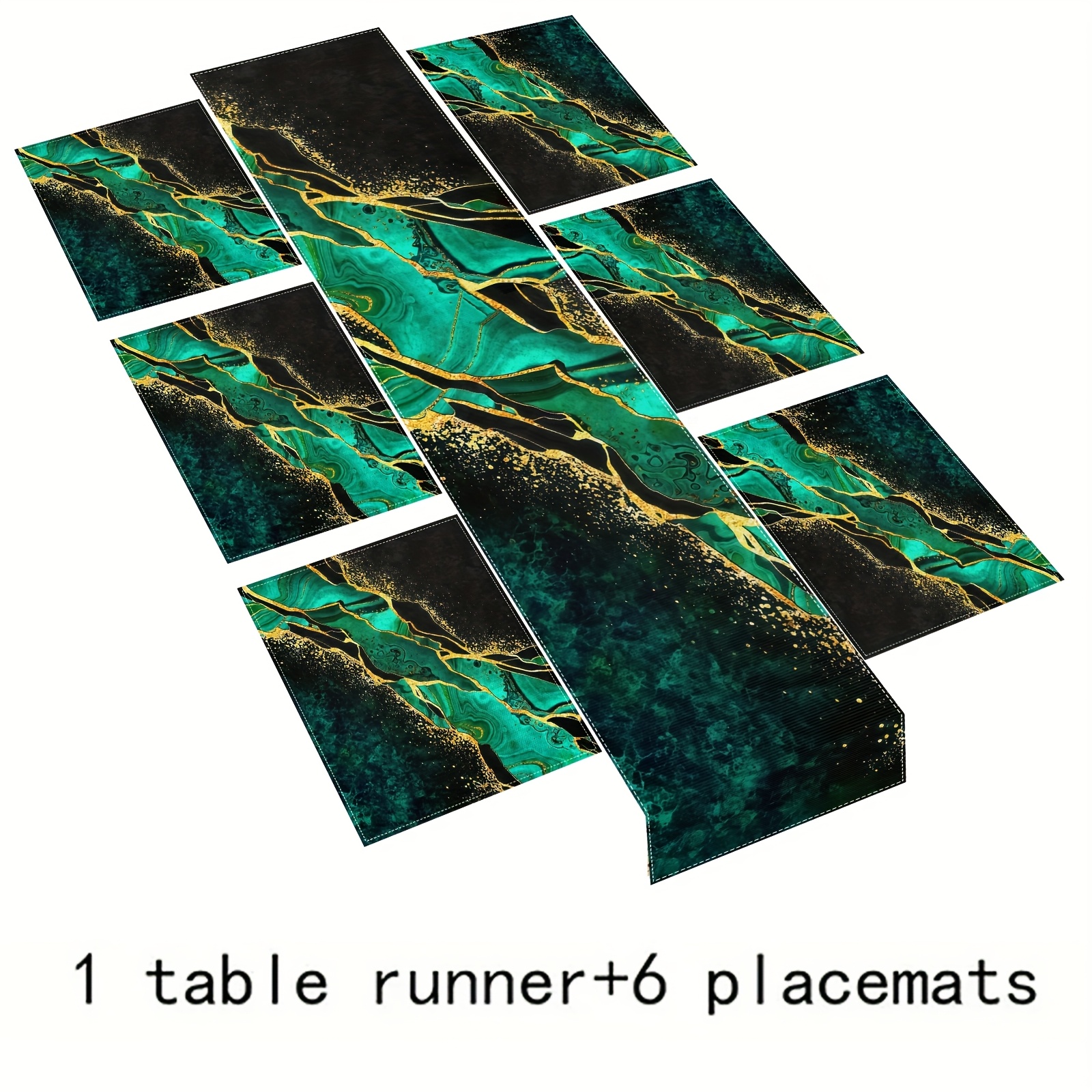 TEMU 5pcs/7pcs Abstract Green Pattern Placemats And Table Runner Set, Kitchen Decor Placemats, Suitable For Kitchen, Dining Room, Home Decor, Perfect