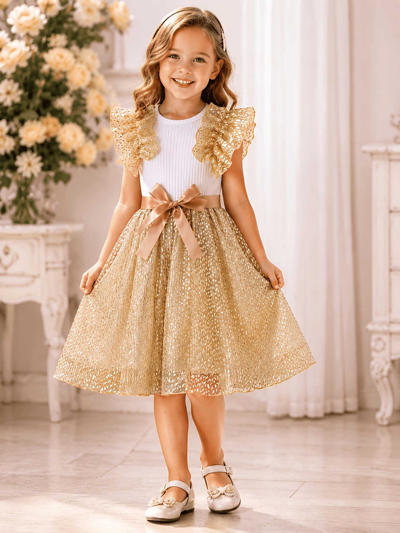 New 4- Spring Summer Autumn Girls' Dress Golden Sleeveless Mesh Bow  Princess Dress Casual Birthday Party Dress Prom Gown Ramadan/Eid Girl  Clothing