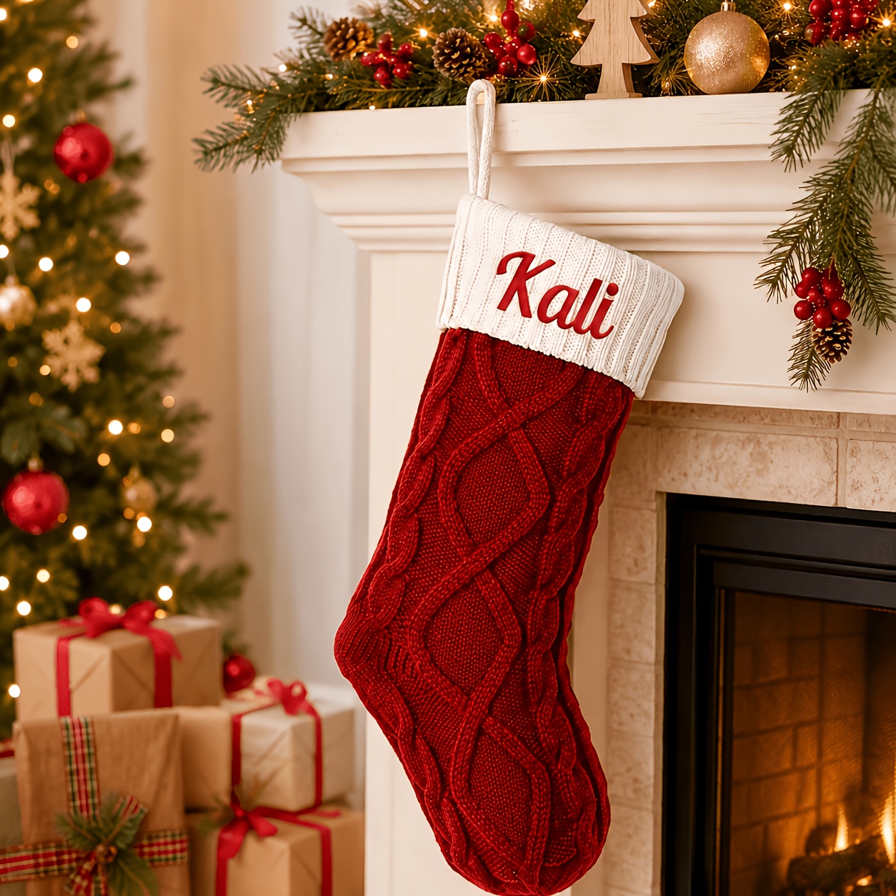 TEMU 1pc Customizable Name-printed Knitted Christmas Stocking, Cozy Fireplace Decoration Stocking, Winter Decoration, Family Holiday Gift Stocking,