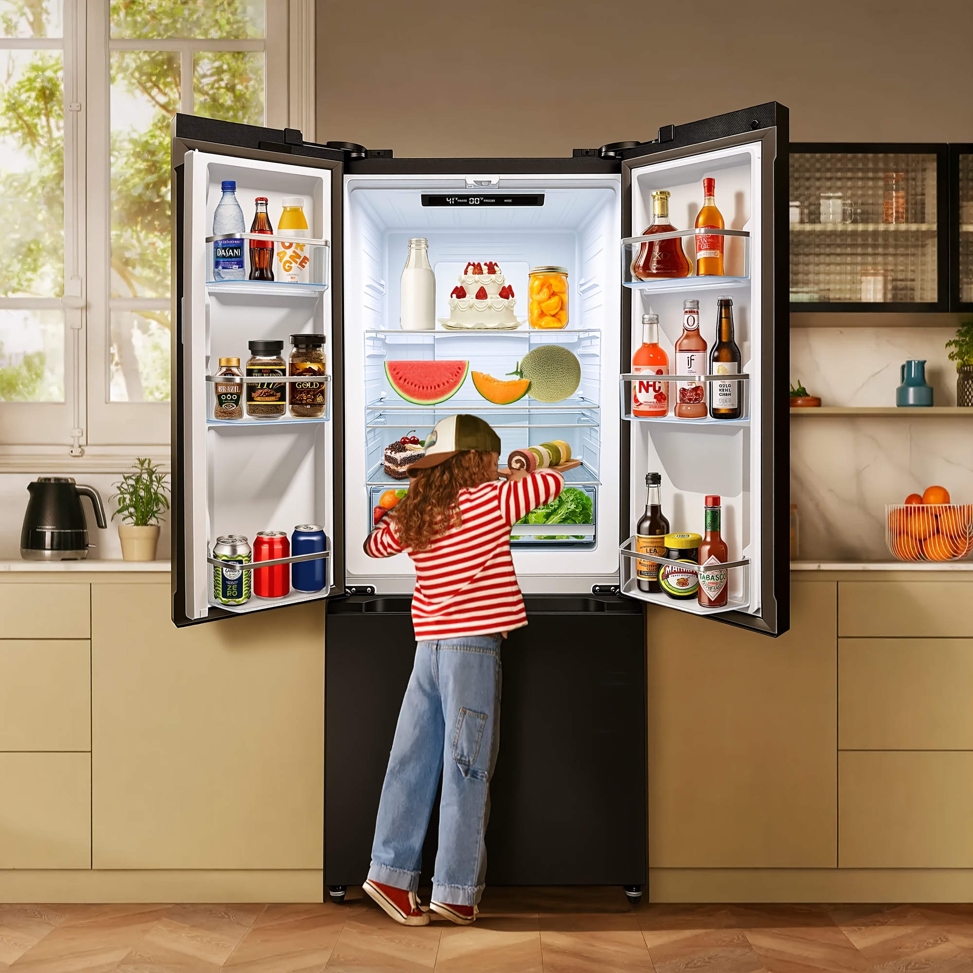 [French Door Fridge]17.7cu Counter-Depth French Door Refrigerator | 17.7 Cubic Feet Capacity, Three-Door Design, Stainless Steel, Adjustable Thermostat, Automatic Defrost