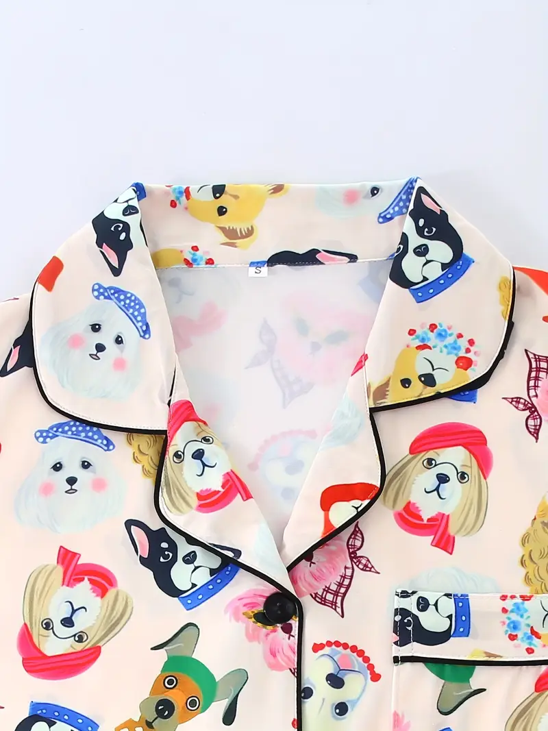 womens pajama set three pieces cute cartoon animal cute puppy casual collar top with drawstring waist shorts and trousers summer wear button pocket details comfortable knit fabric adult Product details 2