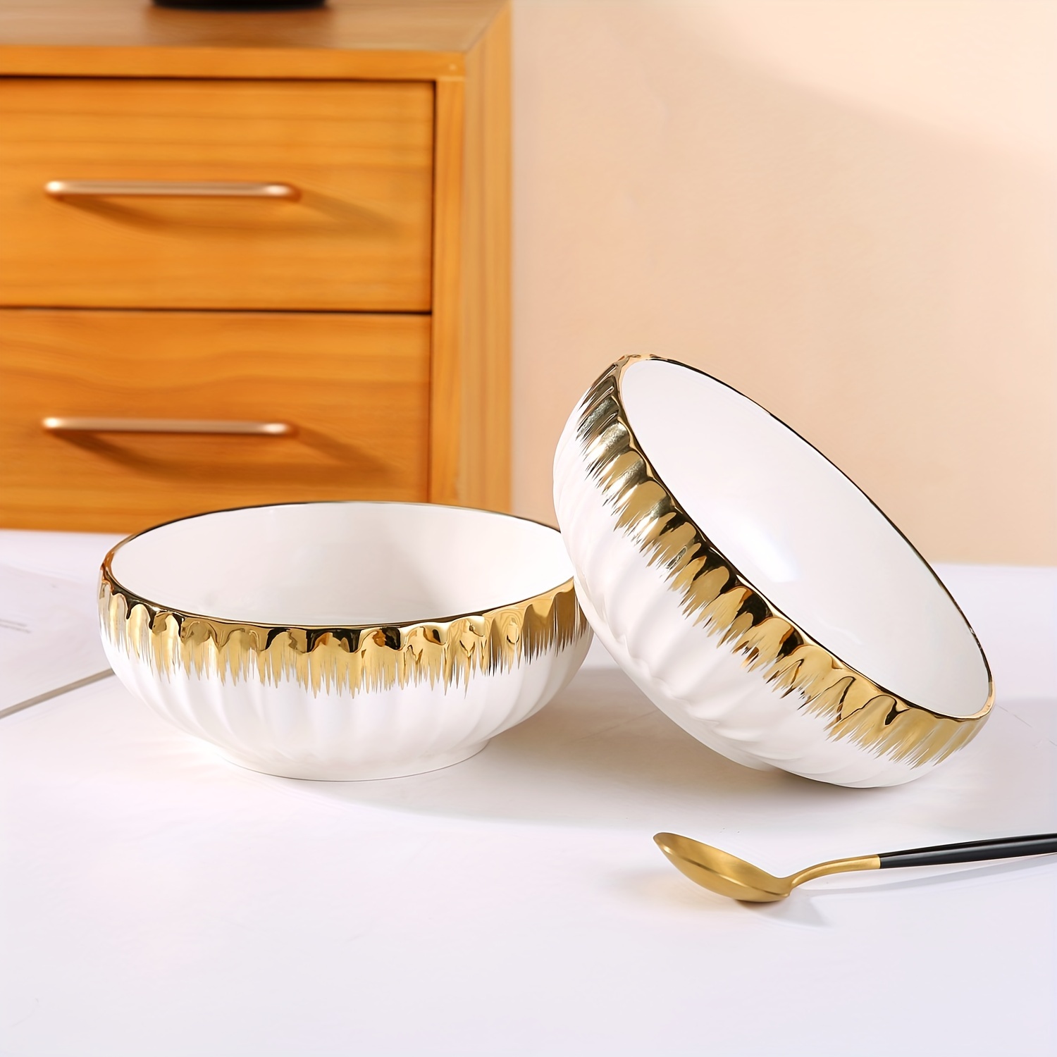 

2pcs Luxurious Gold-edged Ceramic Pasta Bowls Set, Large 1200ml/42oz Salad Fruit Serving Bowls, Lead-free Round Kitchen Dinnerware For Noodles, Salad, Fruits - Dishwasher Safe