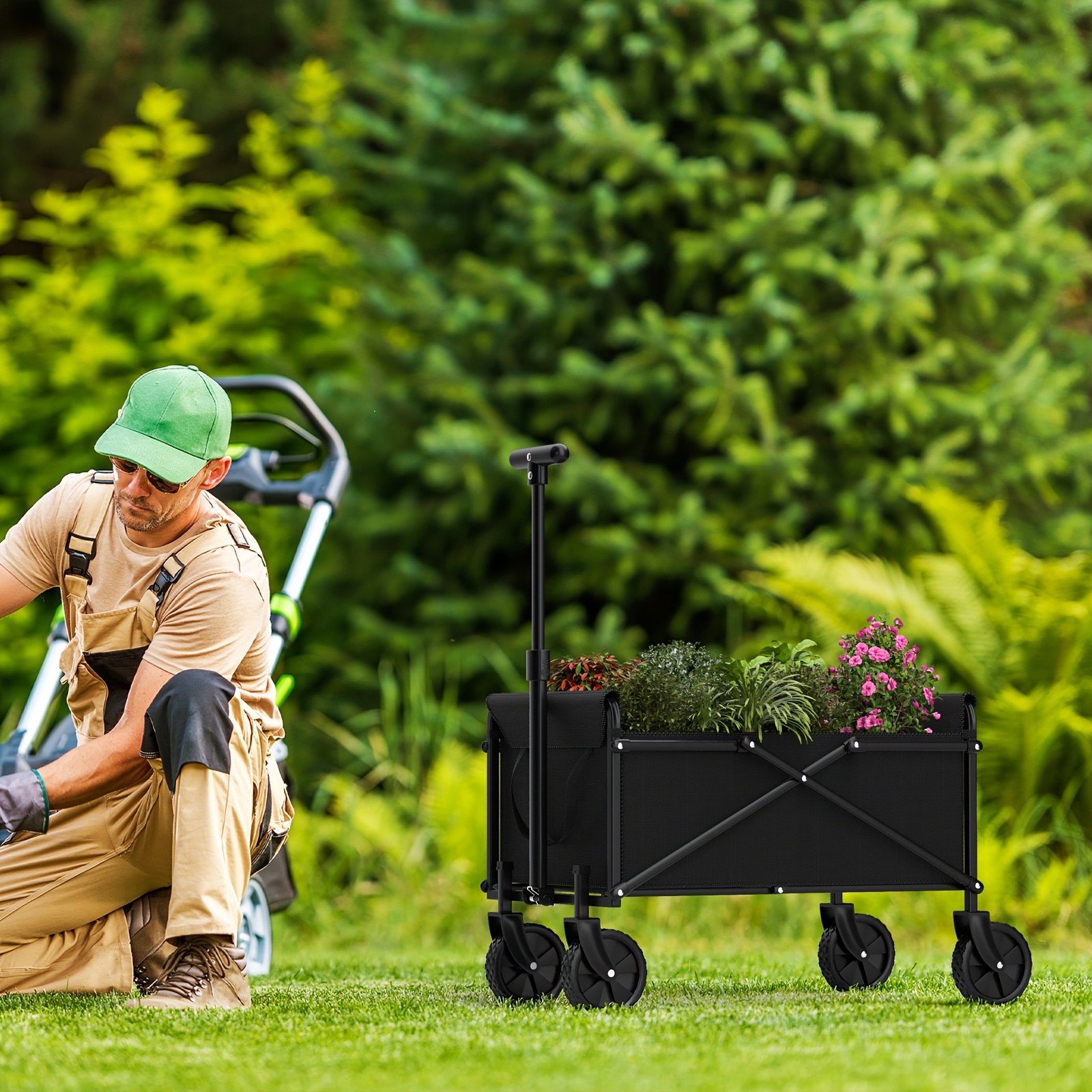 1pc 220LBS Foldable Wagon Cart, Heavy Duty Collapsible Folding Utility Garden Wagon with Wheels, Portable Camping Cart for Shopping, Sports, Picnic, Fishing, And Outdoor, Garden, Black